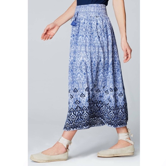 J. Jill Boye White Boho Smocked Midi Skirt Tassel Drawstring Tie - Picture 1 of 12